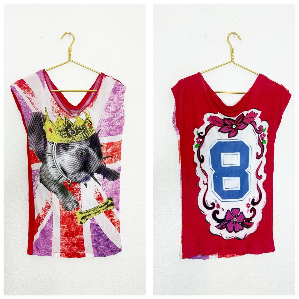 Vintage Y2K Custo Barcelona Graphic Dog Crown Jersey Shift Dress Tunic Large